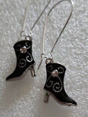 Hand Crafted Black and Silver Western Boot Dangle Earrings